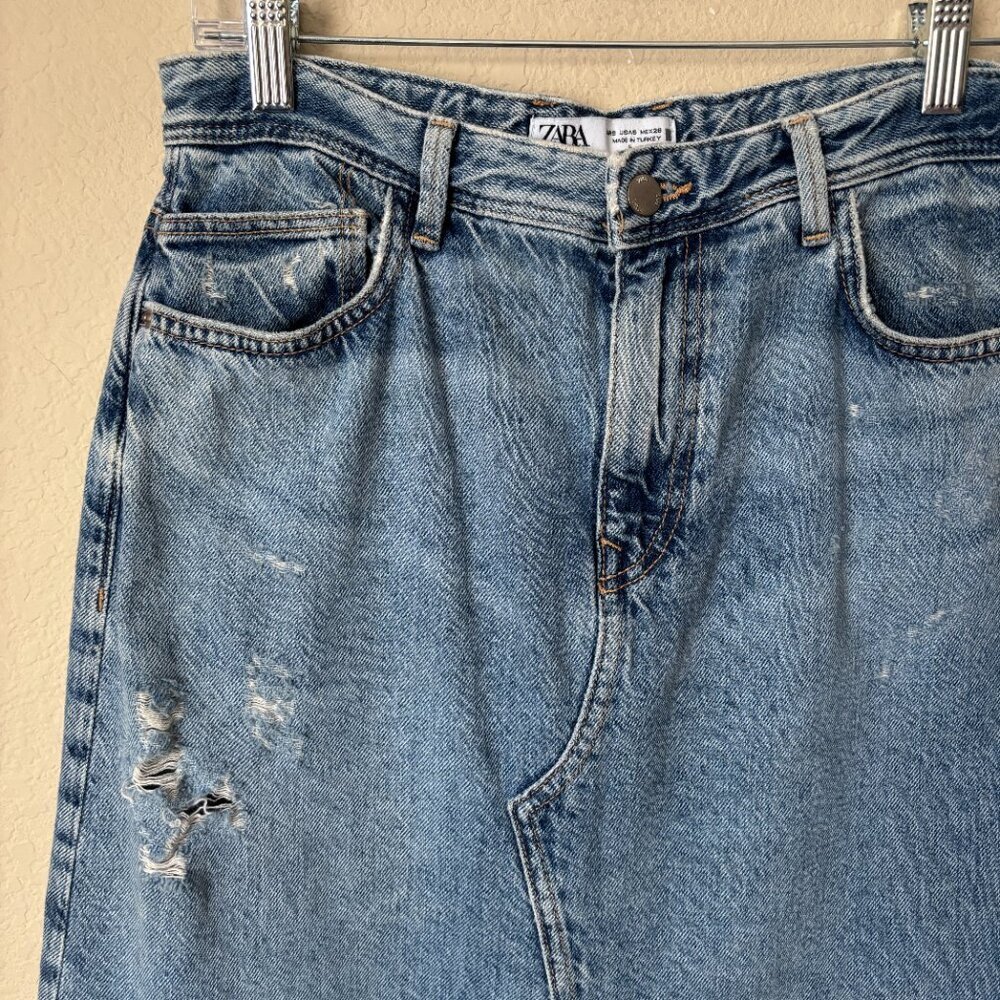 Zara Distressed Released Hem Front Slit Denim Blue Jean Midi Skirt - Picture 5 of 9